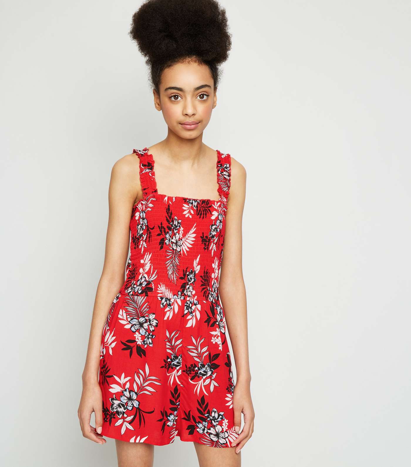 Girls Red Tropical Shirred Playsuit