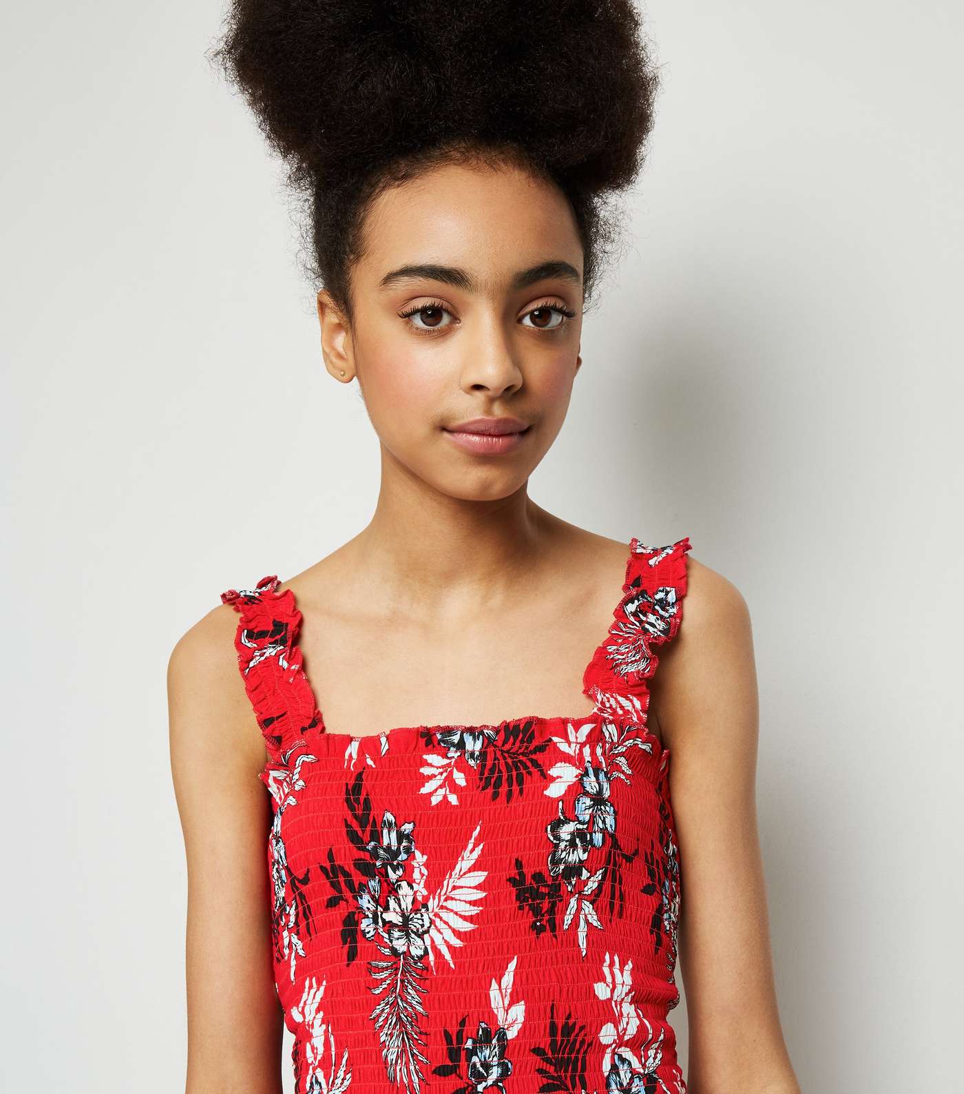 Girls Red Tropical Shirred Playsuit Image 5