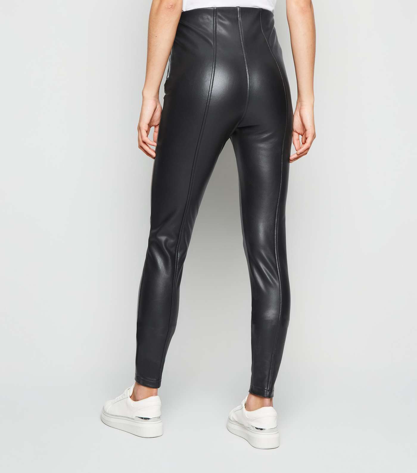 Tall Black Coated Leather-Look Zip Leggings Image 3