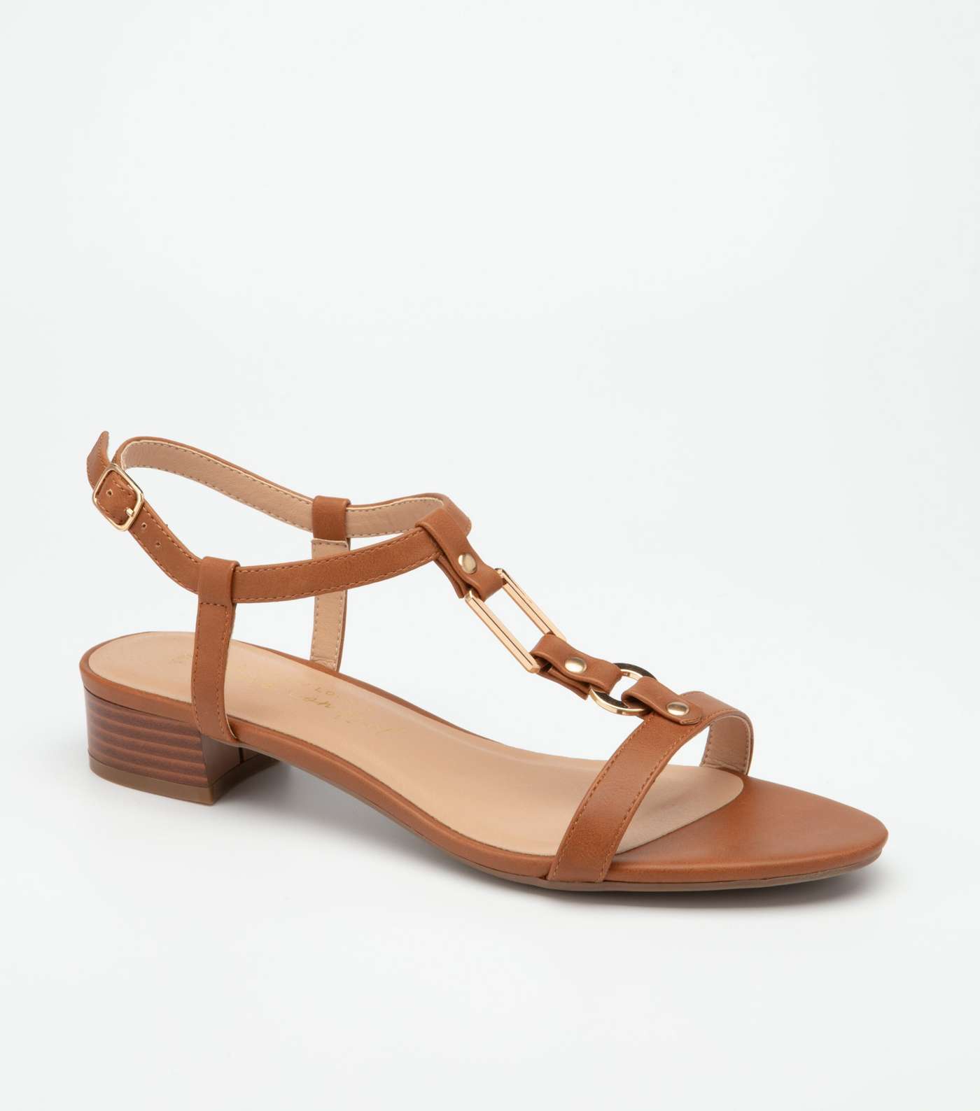 Tan Leather-Look Metal Strap Sandals