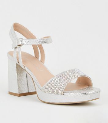Silver Metallic Platform Block Heels 