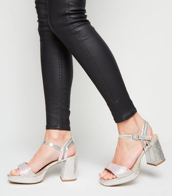 silver block heels platform