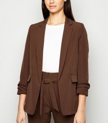 Brown Ruched Sleeve Long Blazer | New Look