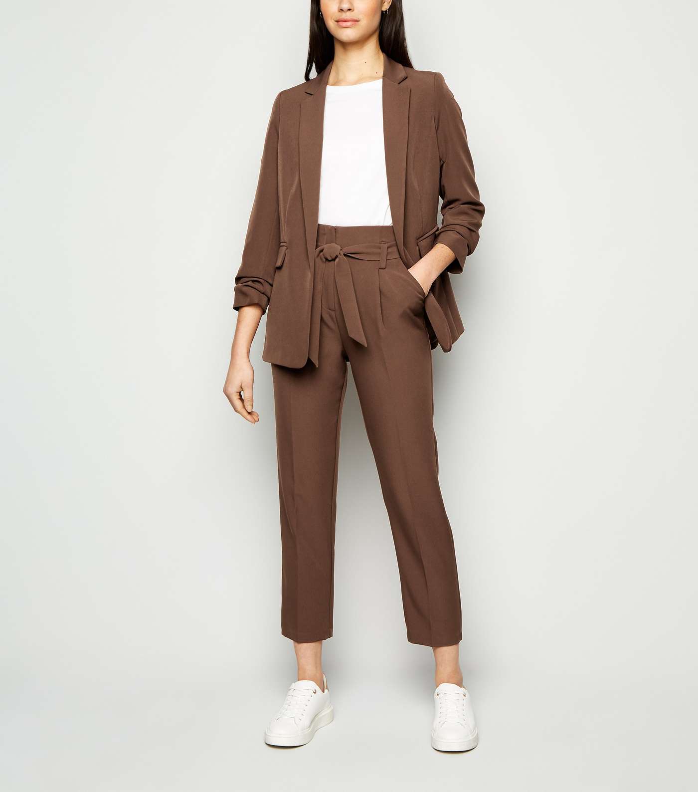 Brown Ruched Sleeve Long Blazer  Image 2