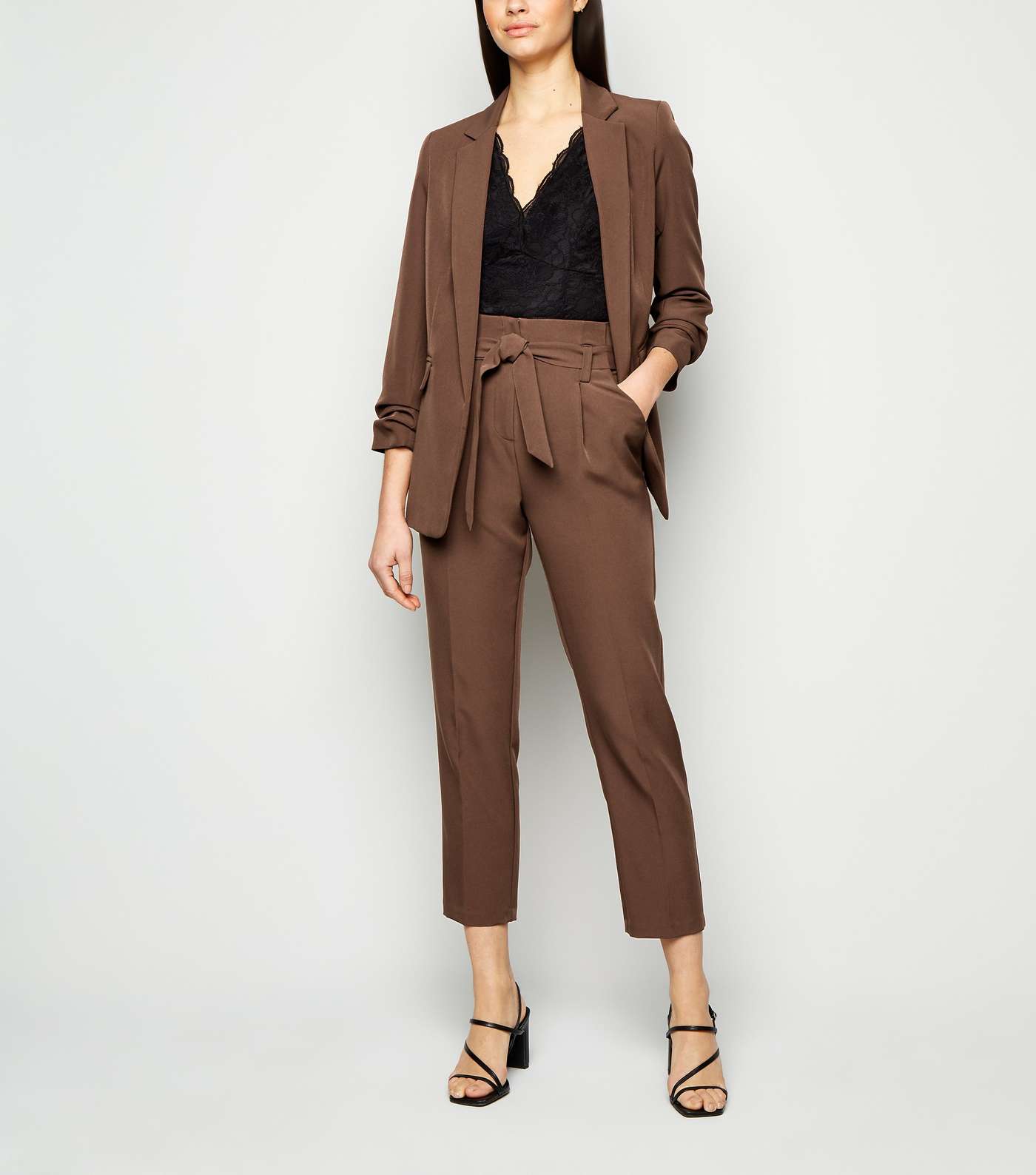 Brown Ruched Sleeve Long Blazer  Image 6