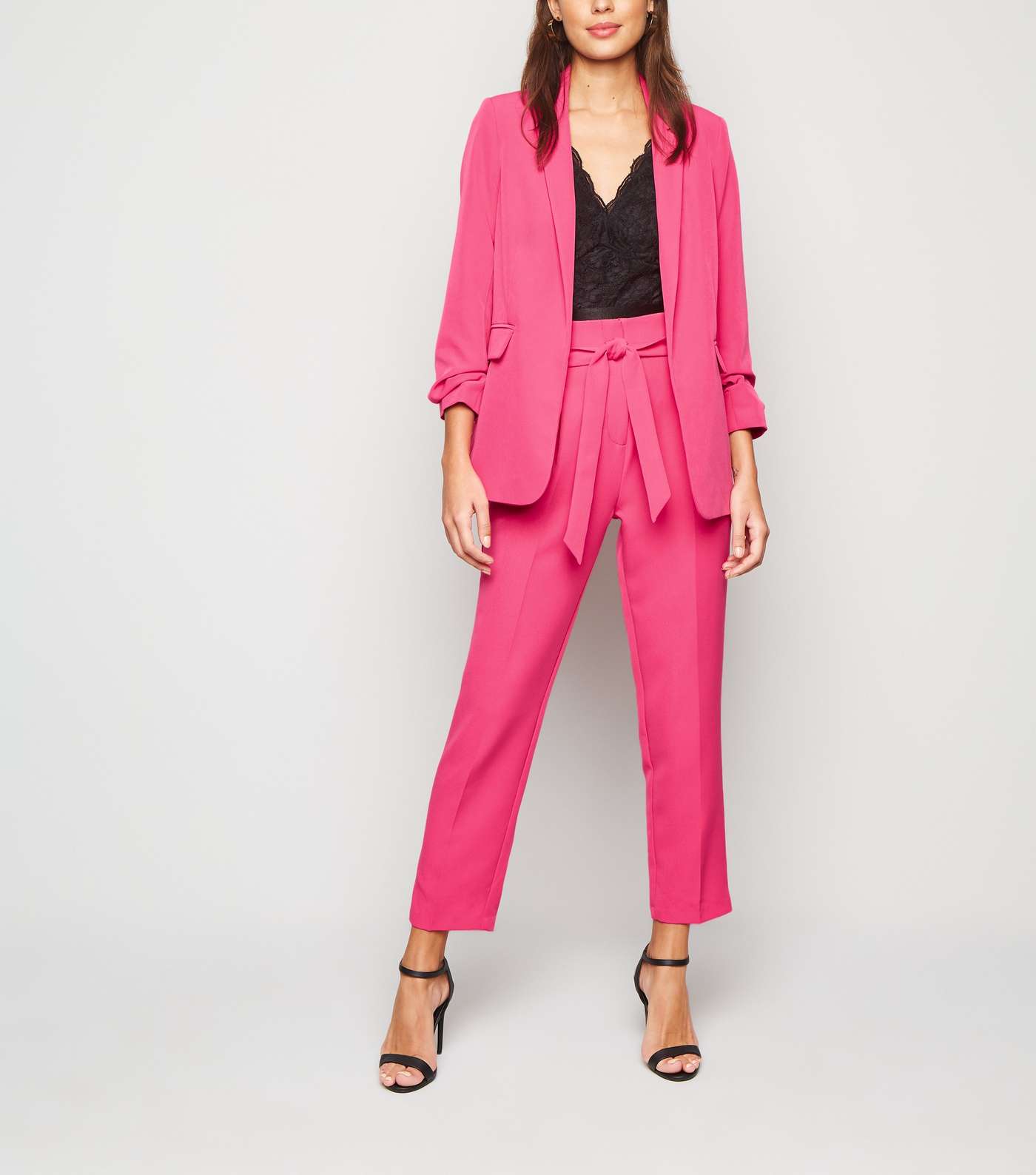 Bright Pink Ruched Sleeve Long Blazer  Image 2