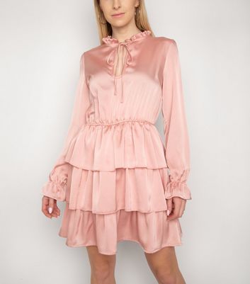 Image of Gini London Pink Satin Frill Mini Dress New Look