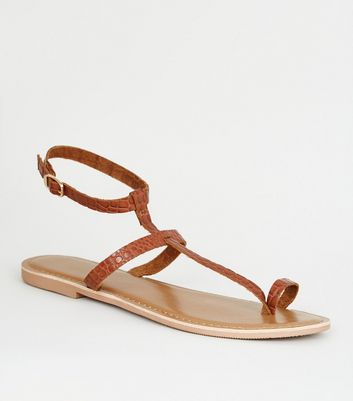 Tan Leather Faux Croc Toe Loop Sandals New Look