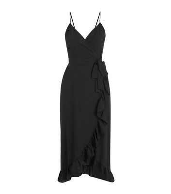 Image of Black V Neck Ruffle Wrap Midi Dress New Look