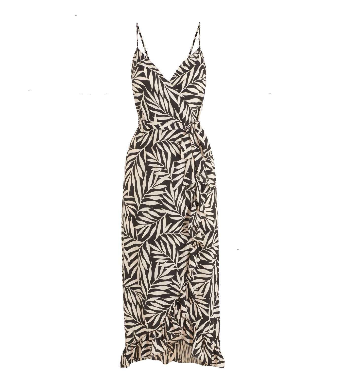 Black Tropical Palm Print Wrap Midi Dress