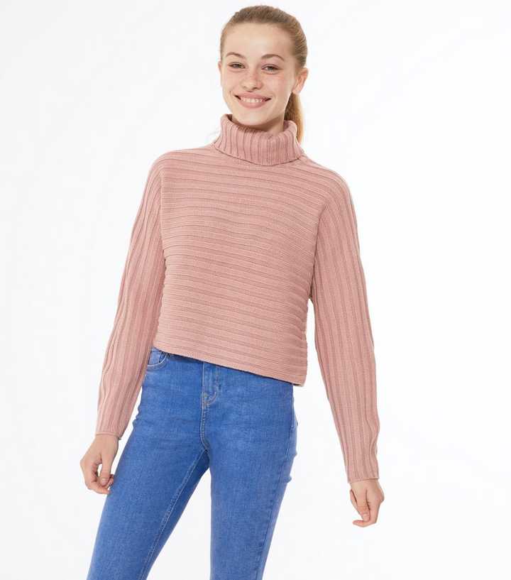 Girls Mid Pink Ribbed Knit Roll Neck Jumper | New Look