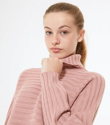 Mid Pink Ribbed Knit Roll Neck Jumper 