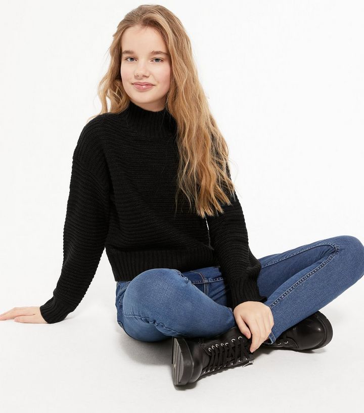 Girls Black Ribbed Knit High Neck Jumper New Look Girls Black Ribbed Knit High Neck Jumper New Look