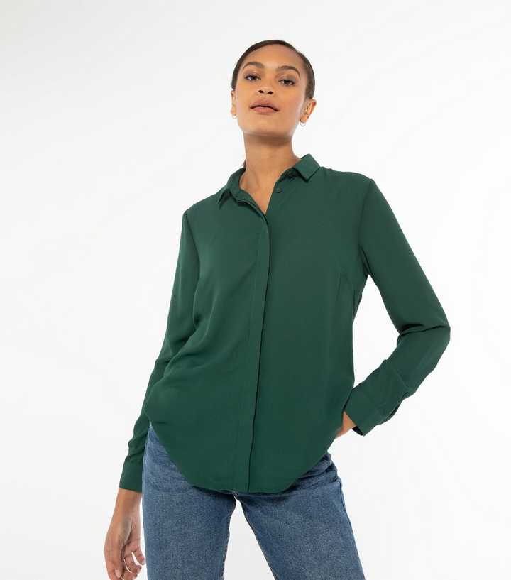 slim fit dress slacks Women Dark Green Prints Pure Cotton Satin Formal Shirt main image 0