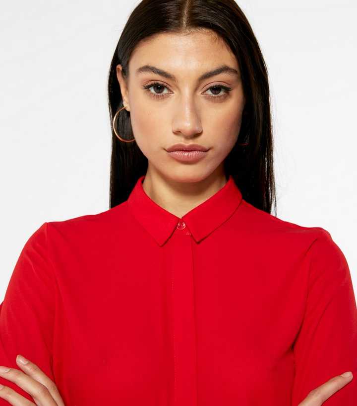 red long sleeve button down shirt women's