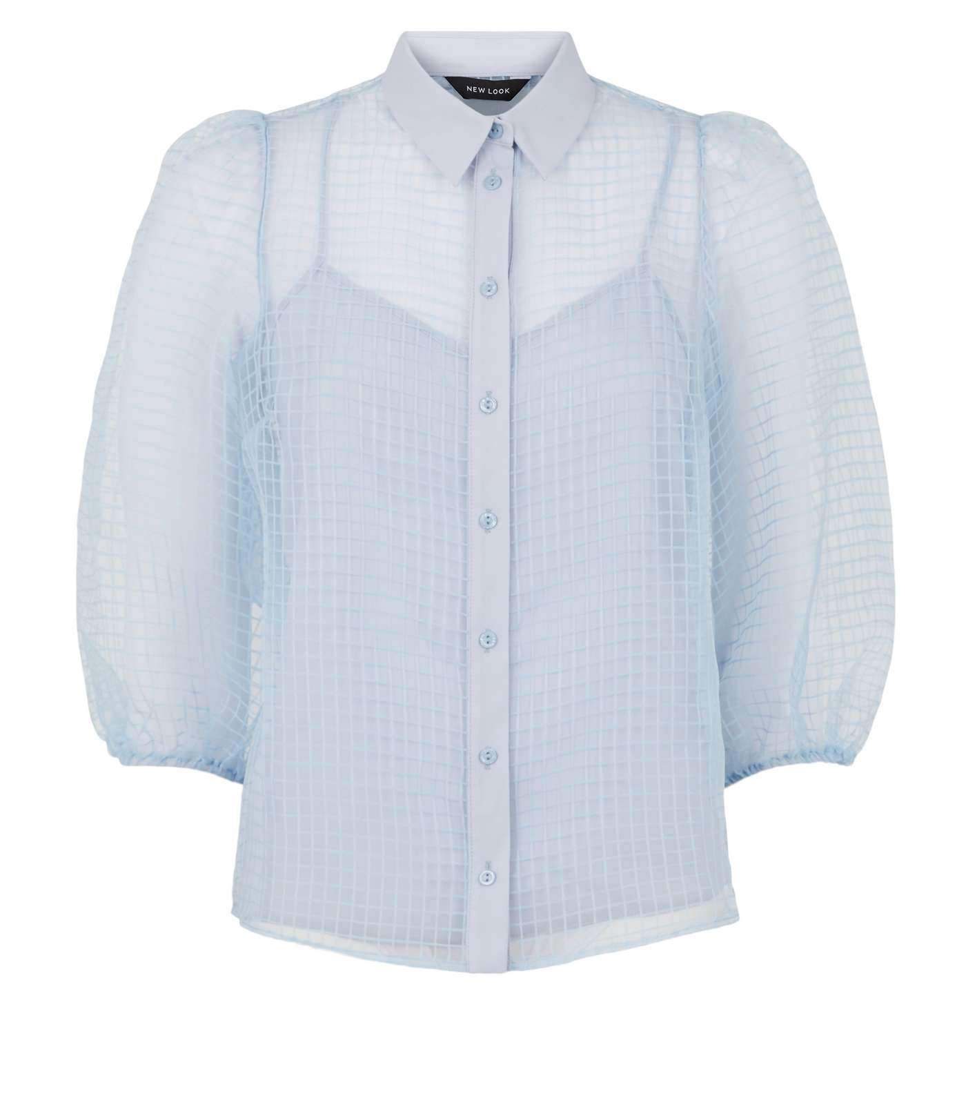 Pale Blue  Check Organza Puff Sleeve Shirt Image 4