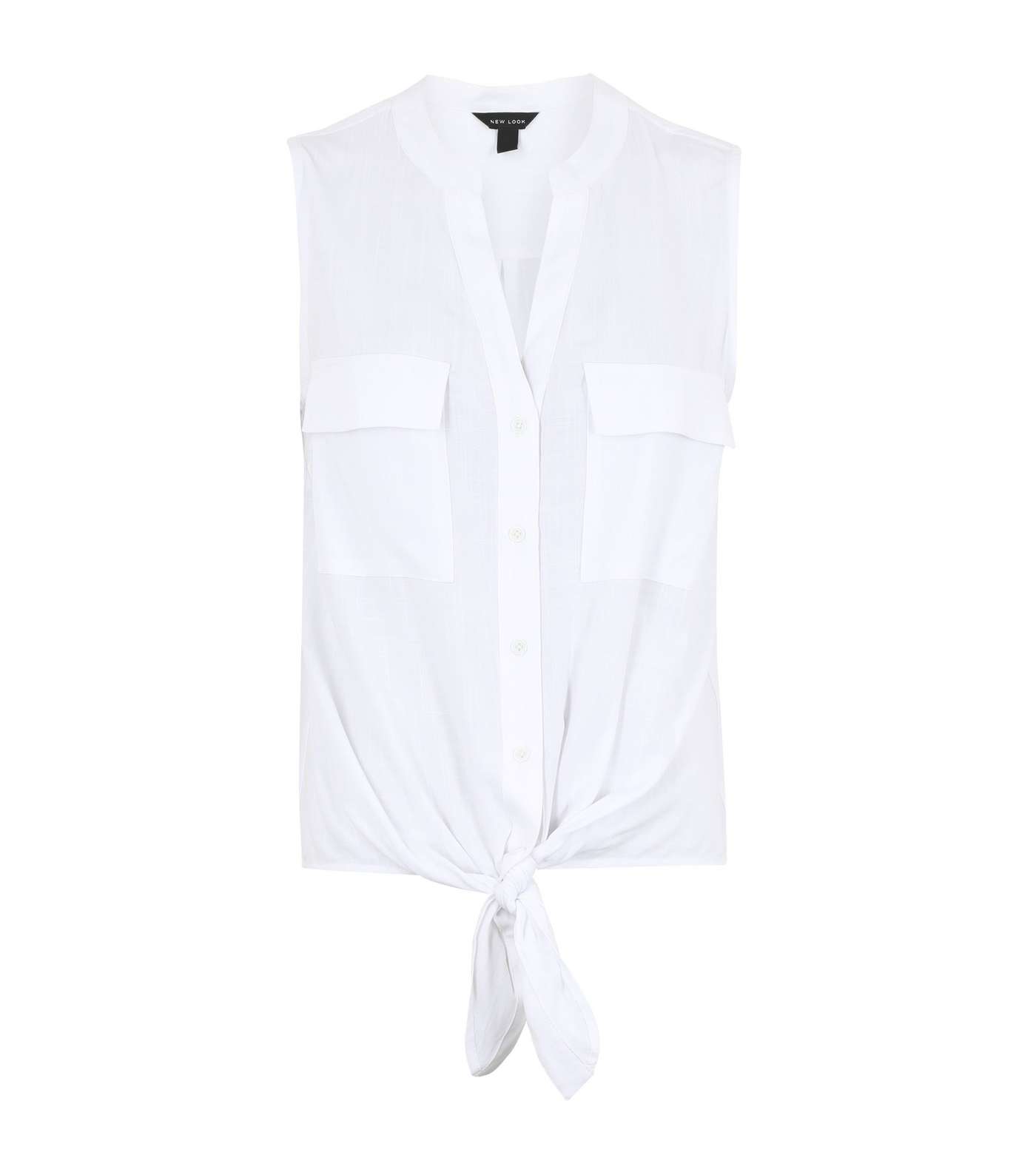 White Tie Front Double Pocket Sleeveless Shirt Image 5