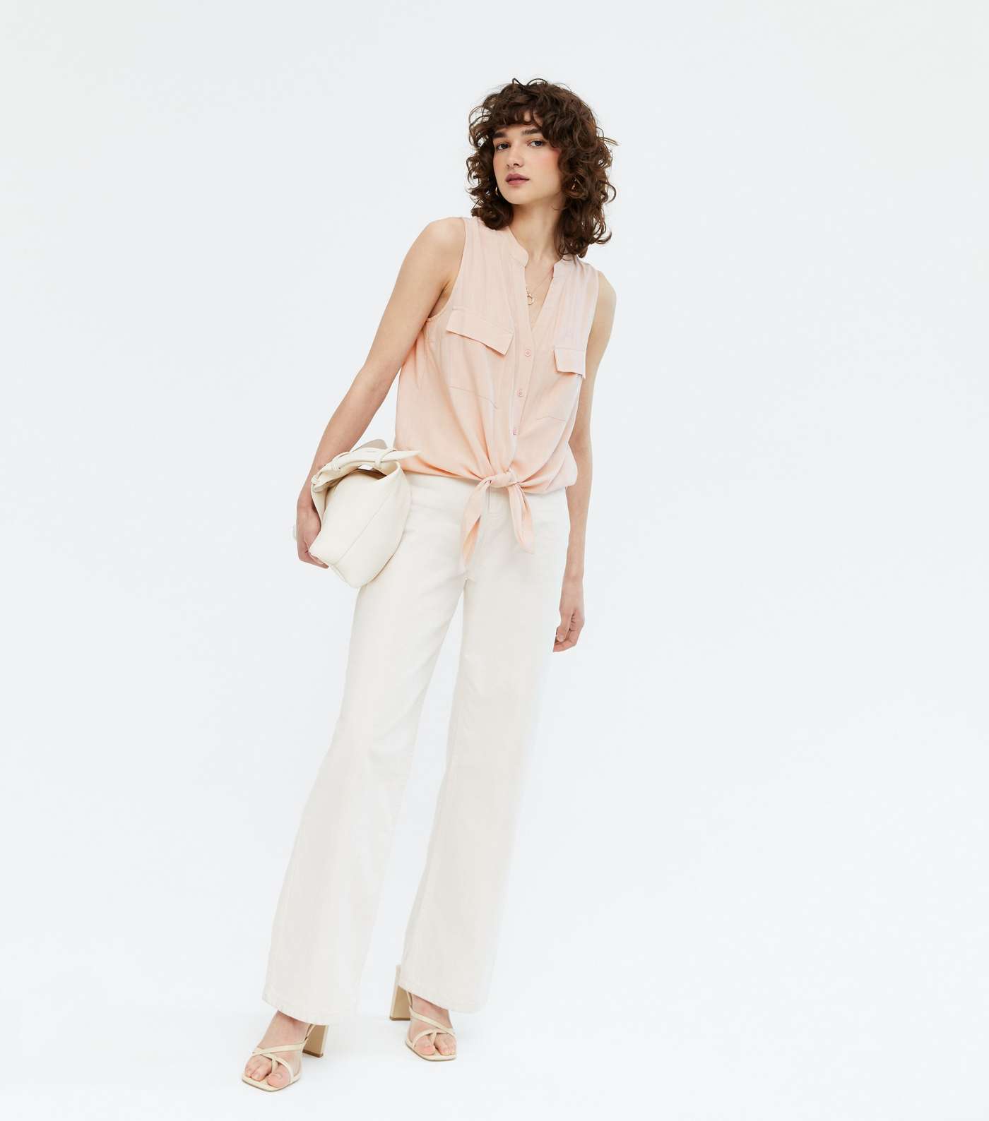 Pale Pink Tie Front Double Pocket Sleeveless Shirt Image 2