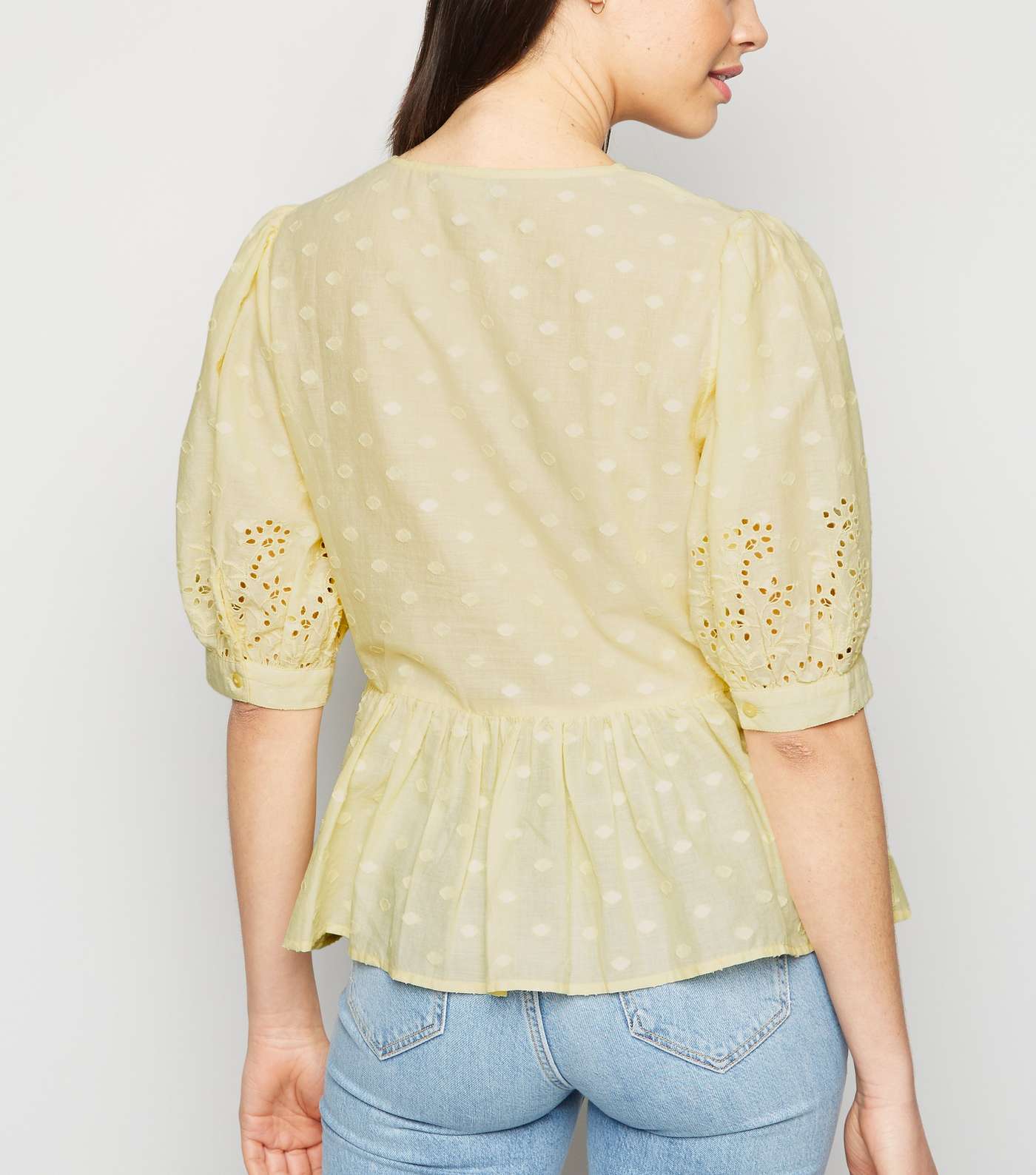 Pale Yellow Broderie Puff Sleeve Peplum Blouse Image 3