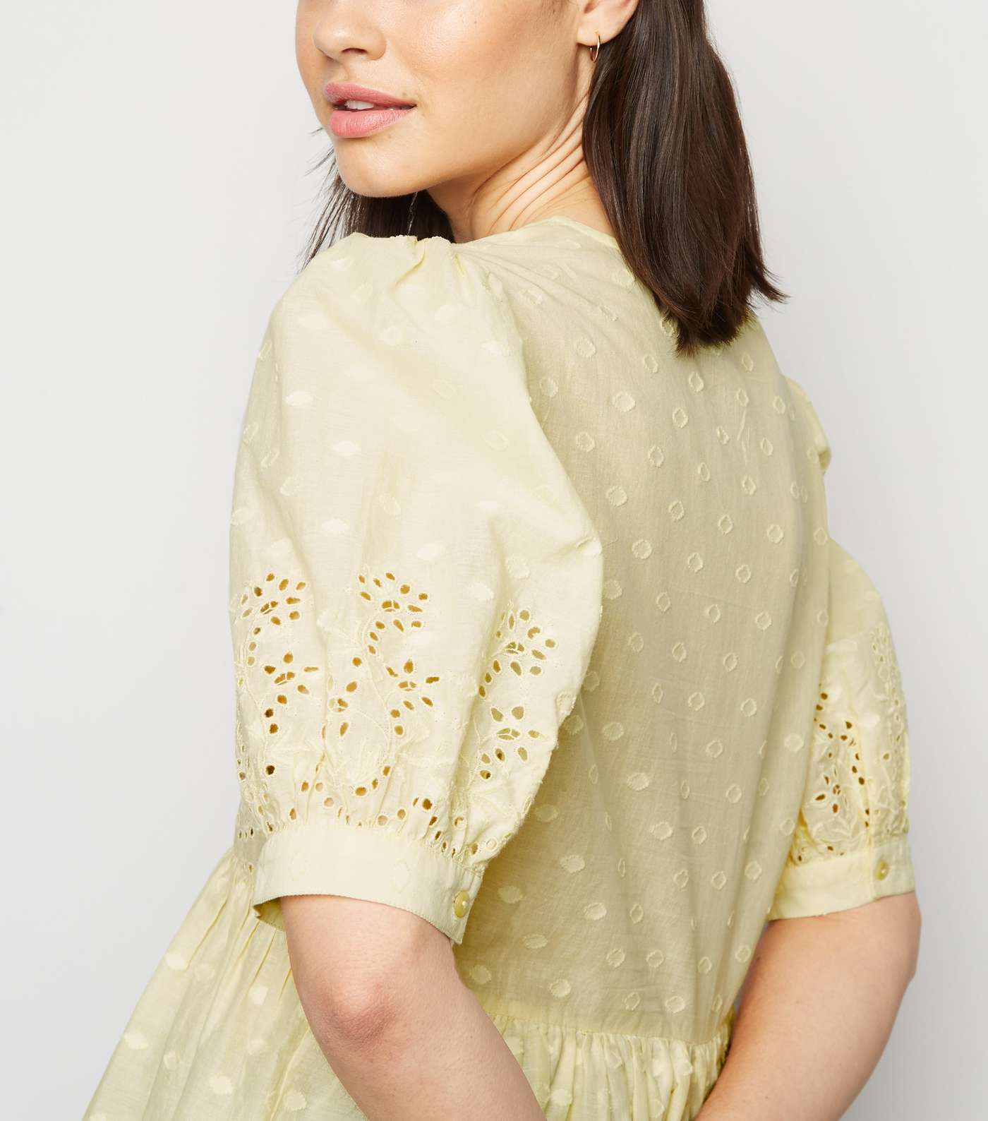 Pale Yellow Broderie Puff Sleeve Peplum Blouse Image 5