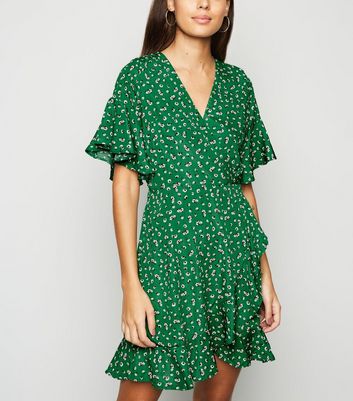 new look green floral wrap dress