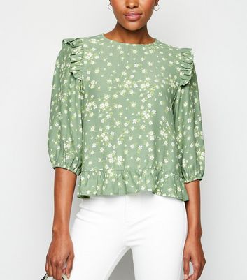 Image of Green Ditsy Floral Print Peplum Top New Look