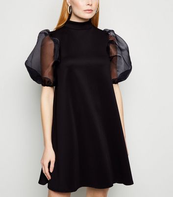 Image of Influence Black Organza Puff Sleeve Swing Dress New Look