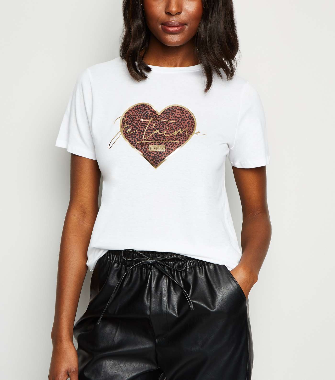 White Je T'Aime Leopard Print Heart Slogan T-Shirt