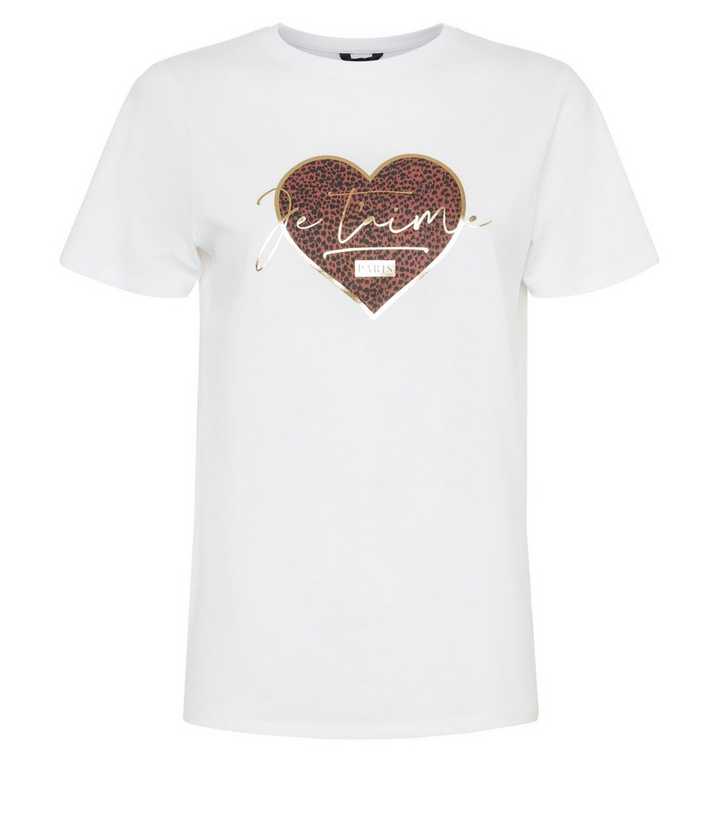 White Je T'Aime Leopard Print Heart Slogan T-Shirt