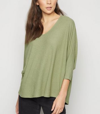 Khaki Fine Knit Ribbed Batwing Top | New Look
