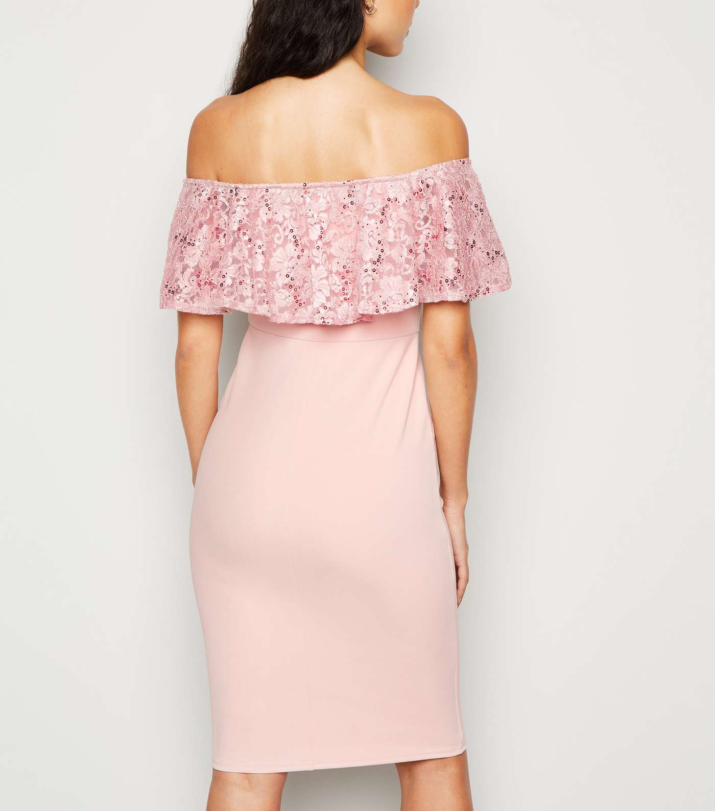 Pale Pink Sequin and Lace Bardot Bodycon Dress Image 3