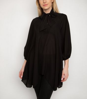 Image of Gini London Black Tie Neck Chiffon Top New Look