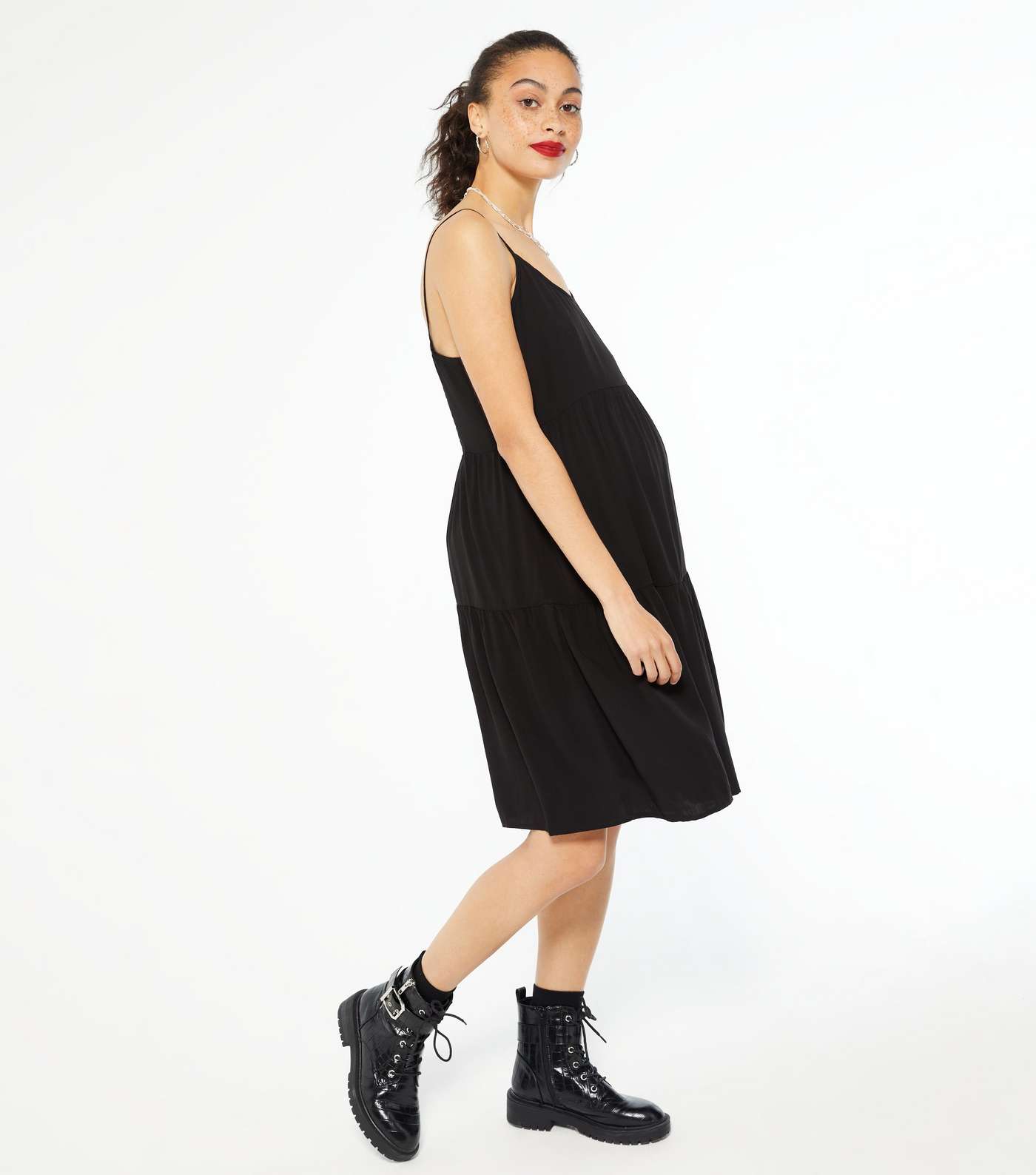 Maternity Black Strappy Tiered Mini Dress Image 2