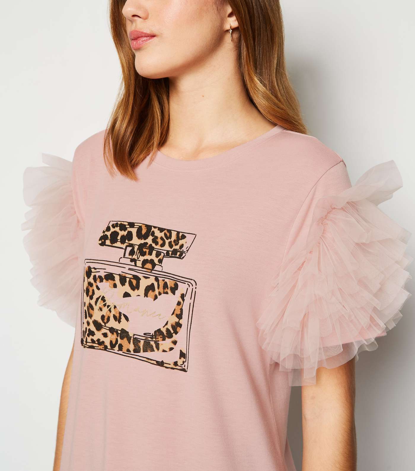 Pink Mesh Ruffle Sleeves Slogan T-Shirt Image 5