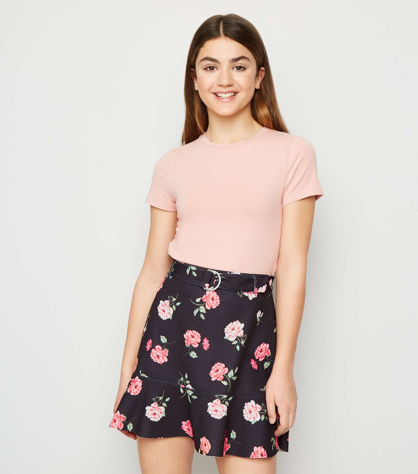 Girls Black Floral Print Peplum Hem Mini Skirt