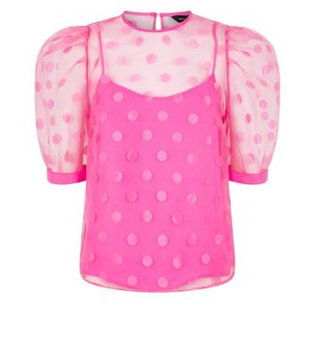 Image of Bright Pink Spot Organza Puff Sleeve Top New Look