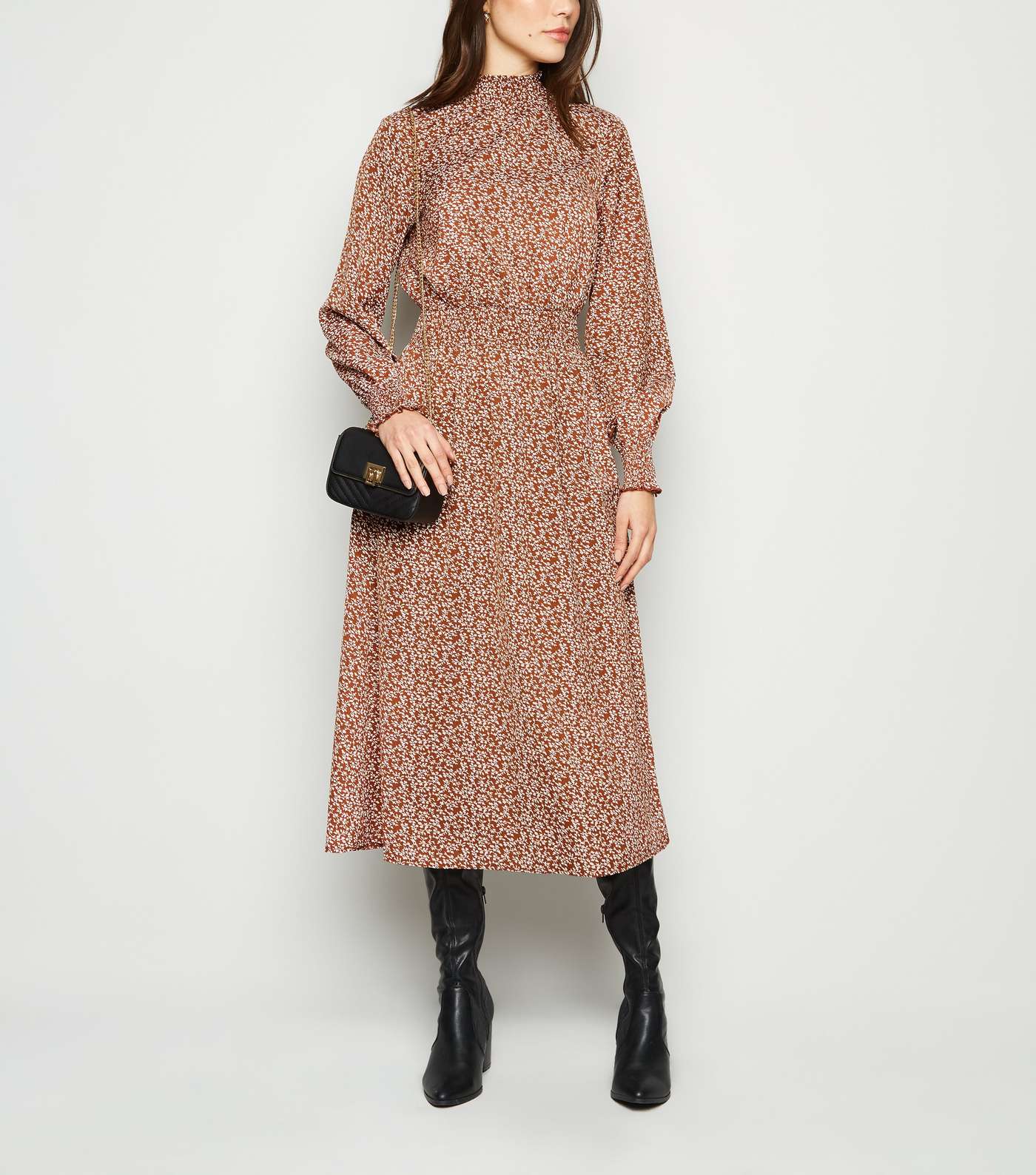 Rust Leaf Print Long Sleeve Midi Dress
