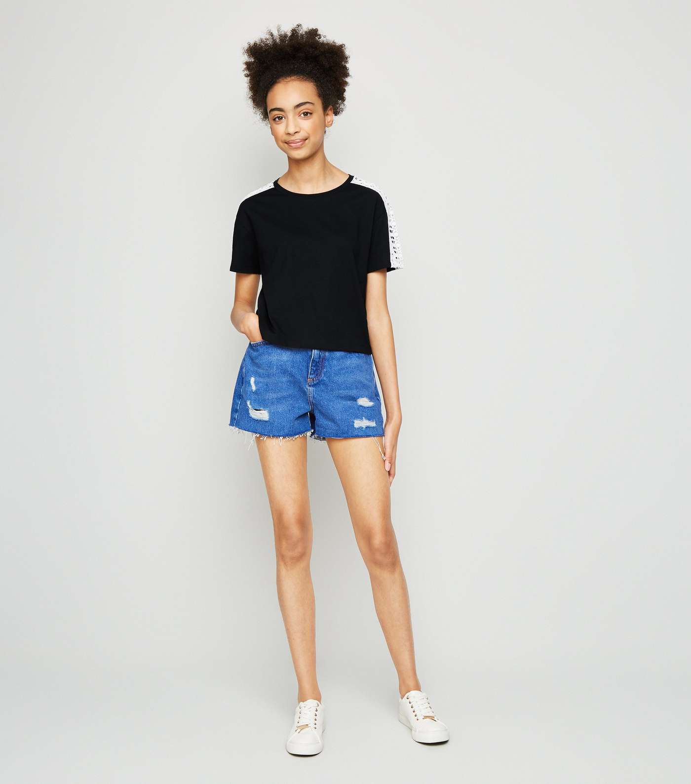 Girls Black Crochet Sleeve T-Shirt Image 2