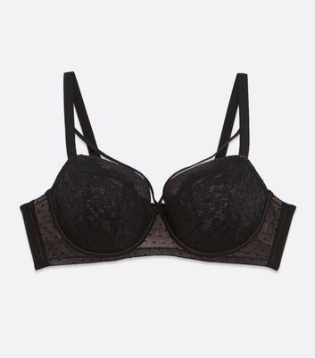 Image of Curves Black Lace Spot Mesh Plunge Bra New Look