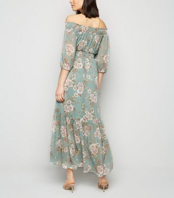 Image of Blue Floral Bardot Midi Dress New Look