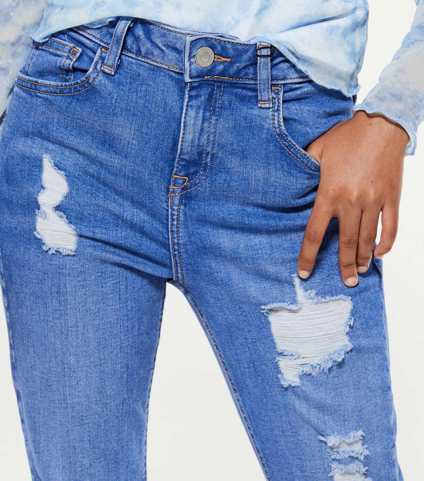 Girls Bright Blue Mid Wash Ripped Jenna Skinny Jeans Image 3