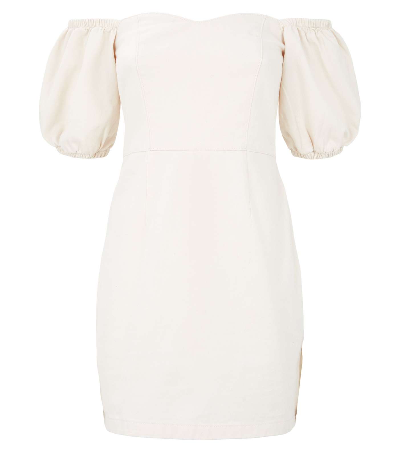 Off White Puff Sleeve Denim Dress Image 4