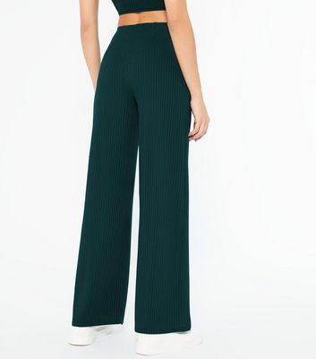 Dark Green Ribbed Wide Leg Trousers 