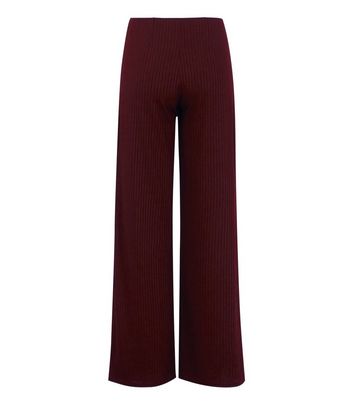 Image of Burgundy Ribbed Wide Leg Trousers New Look