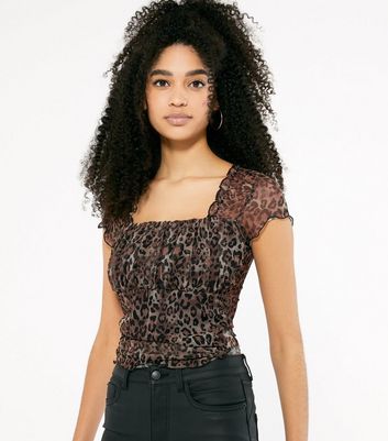 Image of Brown Leopard Mesh Frill Trim Milkmaid Top New Look