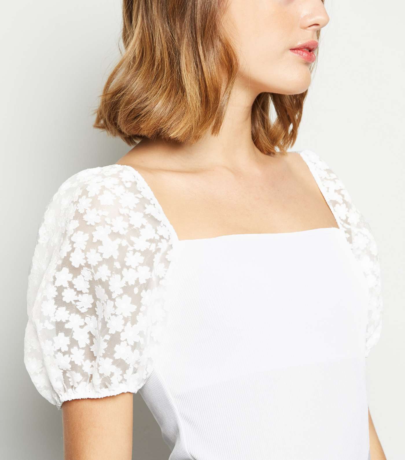 White Ribbed Floral Organza Puff Sleeve Top Image 5
