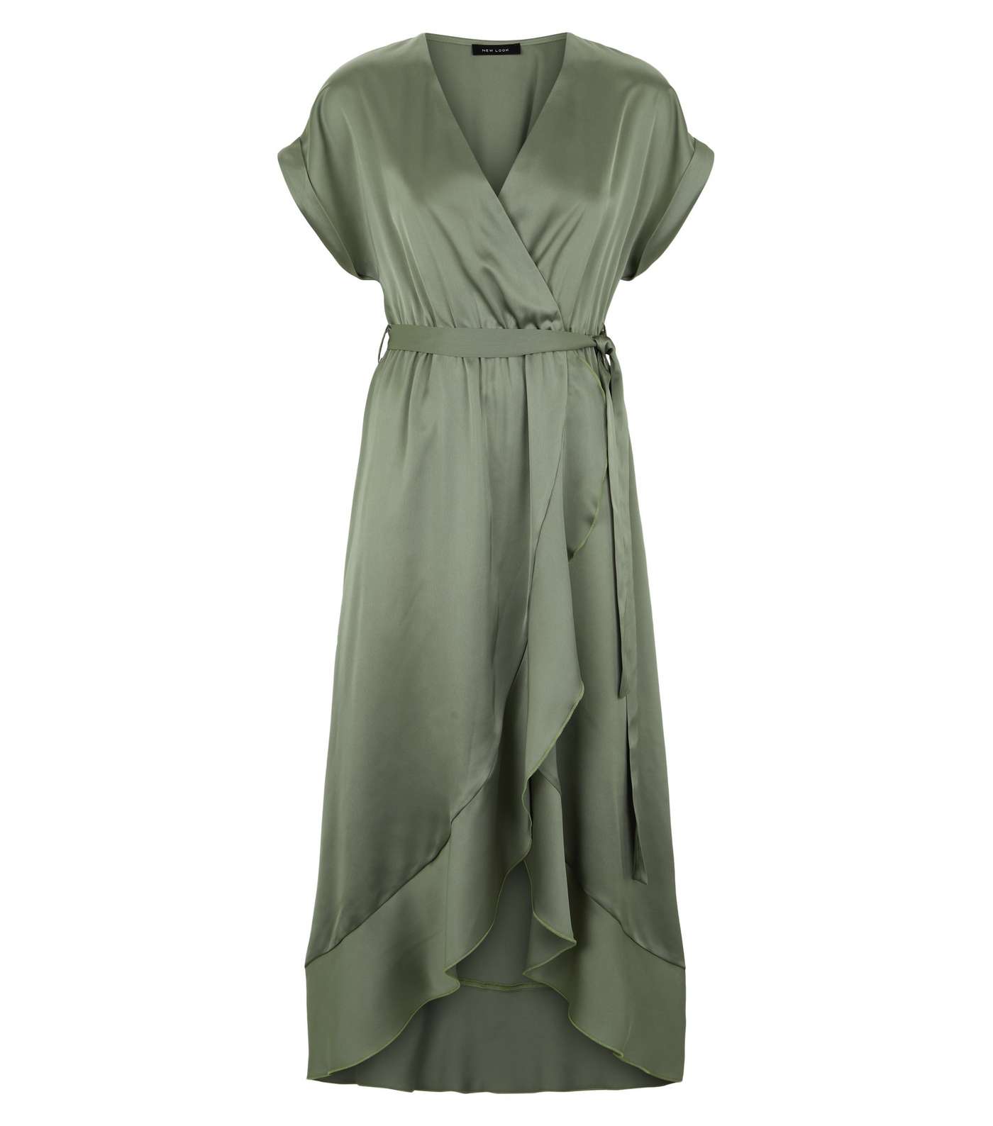 Khaki Satin Ruffle Trim Midi Wrap Dress Image 4