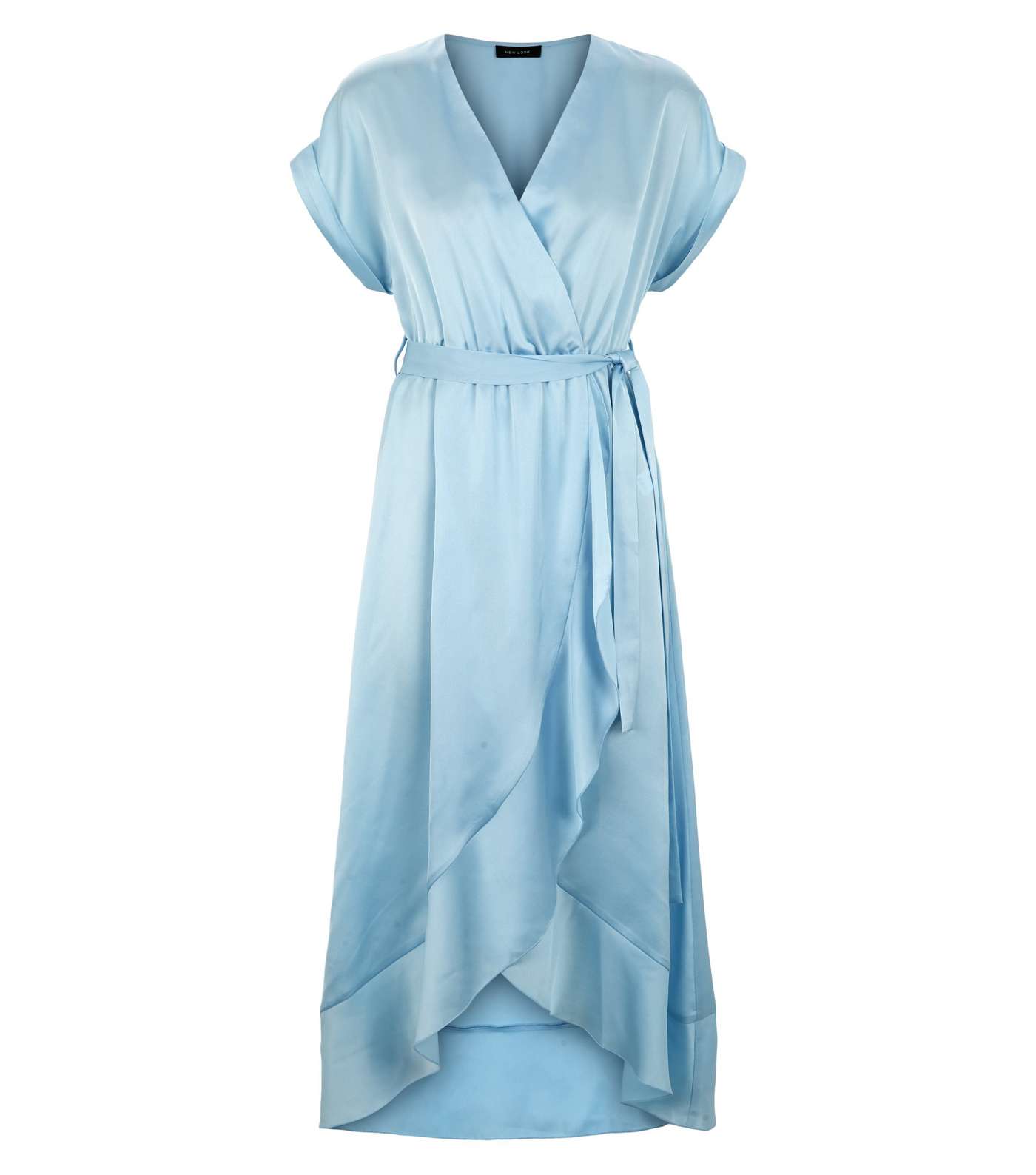 Pale Blue Satin Ruffle Trim Midi Wrap Dress Image 4