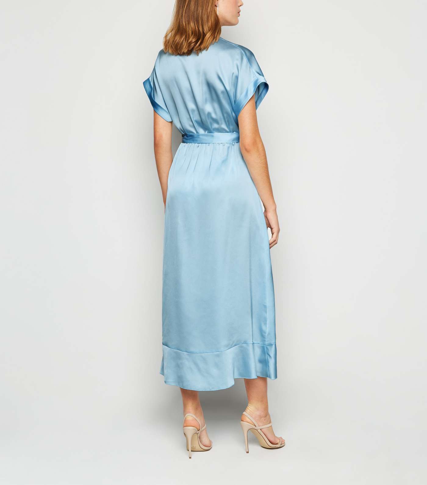 Pale Blue Satin Ruffle Trim Midi Wrap Dress Image 2