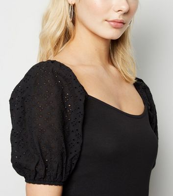 Image of Black Broderie Puff Sleeve Top New Look